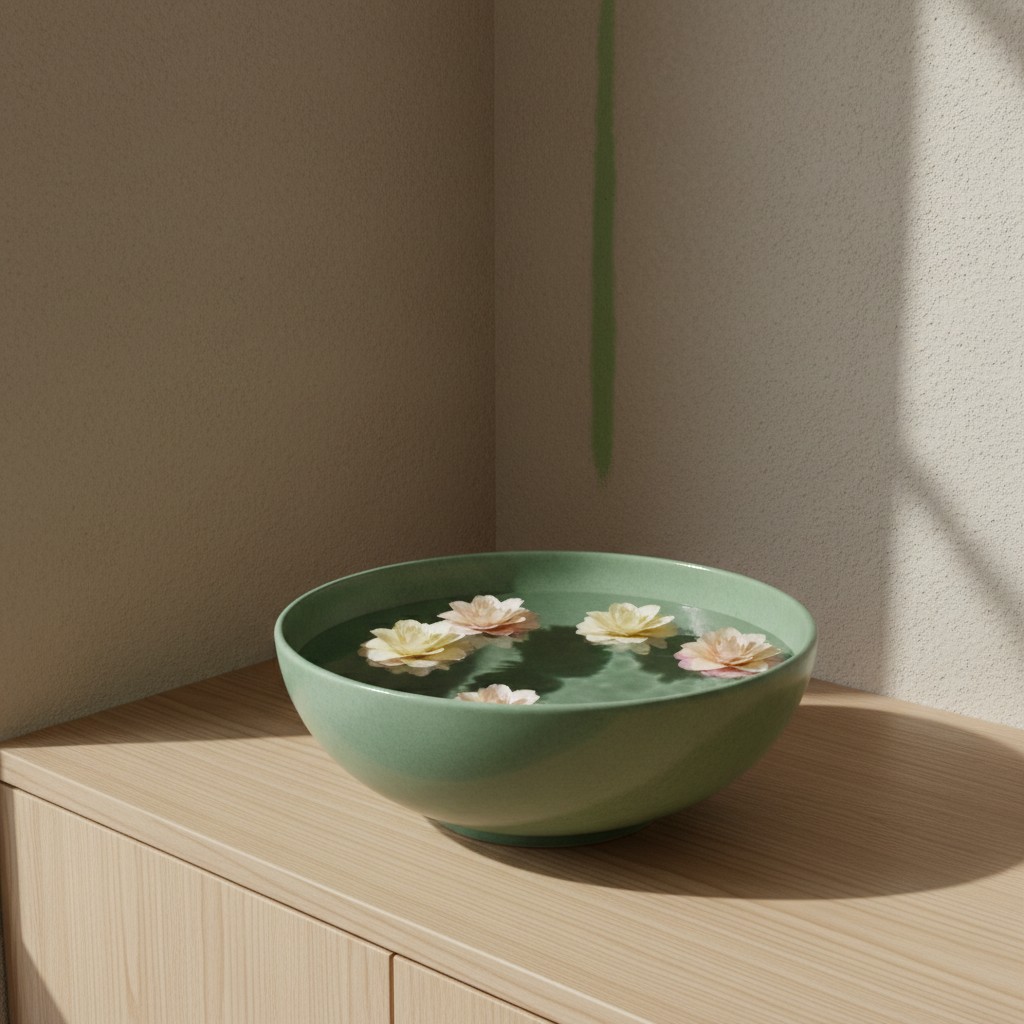 A green ceramic bowl filled with dark water and floating pink and yellow flowers, sitting on a light wood table in front o...