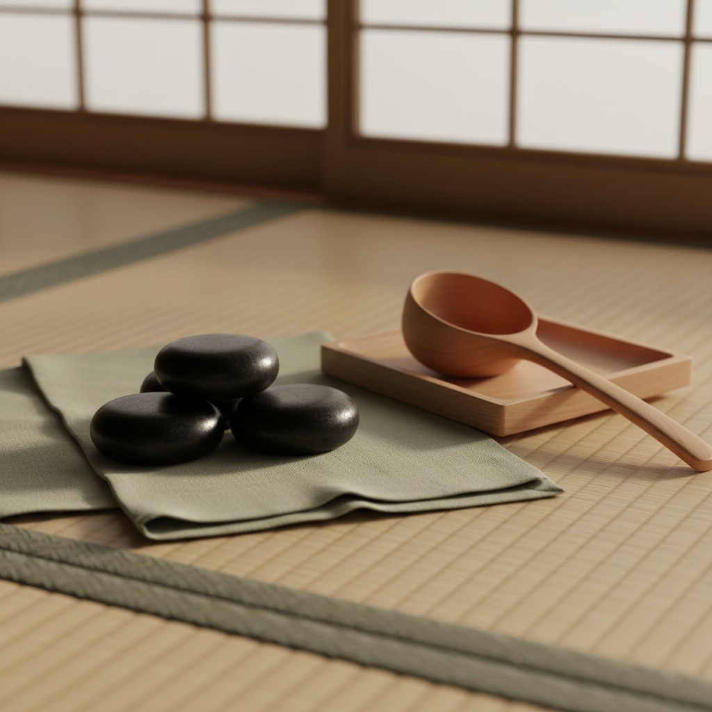 Blank slate for placing massage stones on a tatami mat, in a traditional Japanese room, with a wooden spoon and natural cl...
